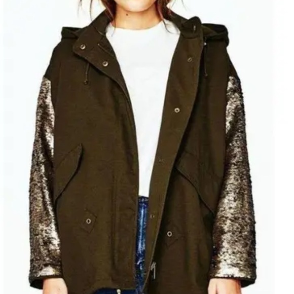 Zara Changing Sequin Sleeve Parka Olive Green Utility Jacket Shiny Sparkly - Picture 3 of 16